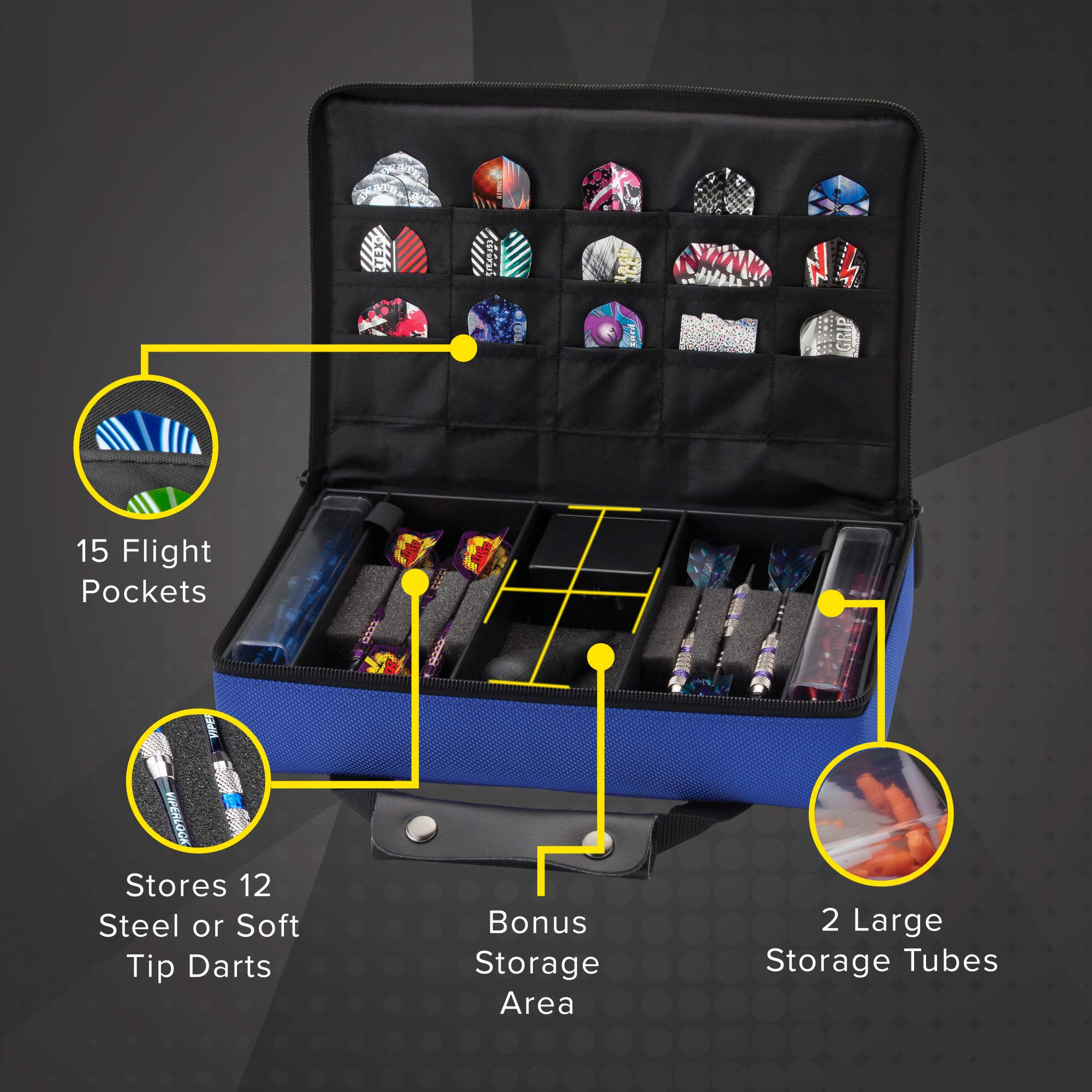 Casemaster By Gld Products Classic Nylon Dart Carrying Case For Steel And Soft Tip Darts, Holds 12 Darts Numerous Other Accessories Via Generous Storage Pockets, Tubes And Boxes, Blue, 1