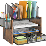 4-Tier Mesh Desk Organizer, Wooden Desk File Organizer with 5 Vertical File Holders and 2 Pen Holders, Desktop Organizers and Ac