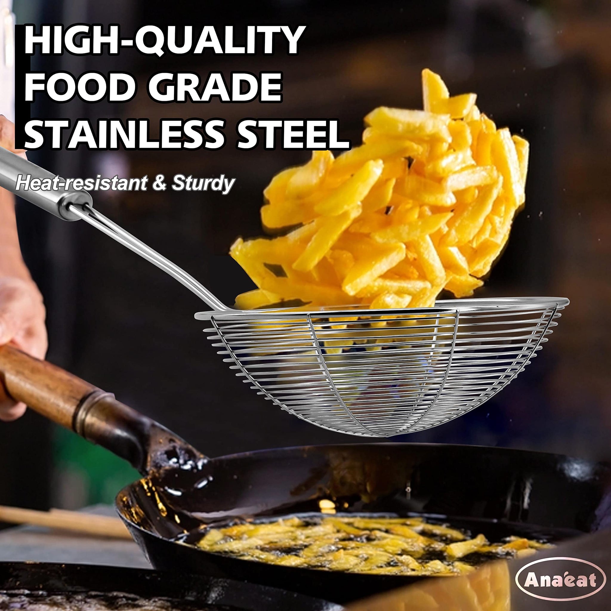 Anaeat Stainless Steel Spider Strainer Skimmer, Set of 3 Professional Kitchen Pasta Strainer Spoon with Long Handle - Asian Stra