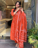Gosriki Women'S Rayon Viscose Anarkali Printed Kurta With Pant & Dupatta (Etasha Orange-Gs_S_Orange_Small),Orange,,B0F9X8PD4Q