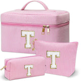 Personalized Monogram Makeup Bag, 3PCS Custom Monogrammed Toiletry Cosmetic Bag for 6-18 Teen Girls Women,Birthday Graduation Gi