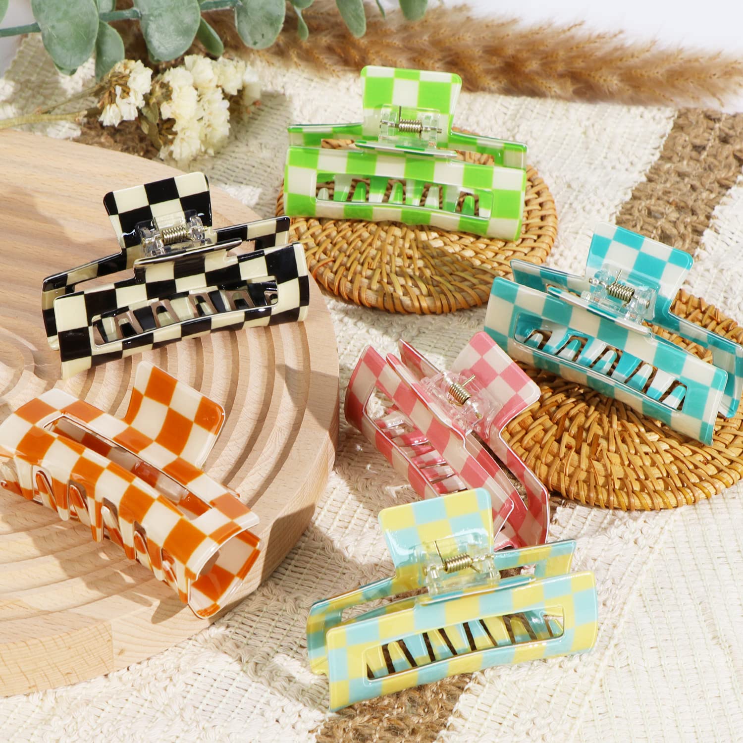 6 Pack Checkered Hair Claw Clips,3.1, Multicolored Square Medium Hair Clips, Non-Slip Claw Clips Hair Styling Accessories with