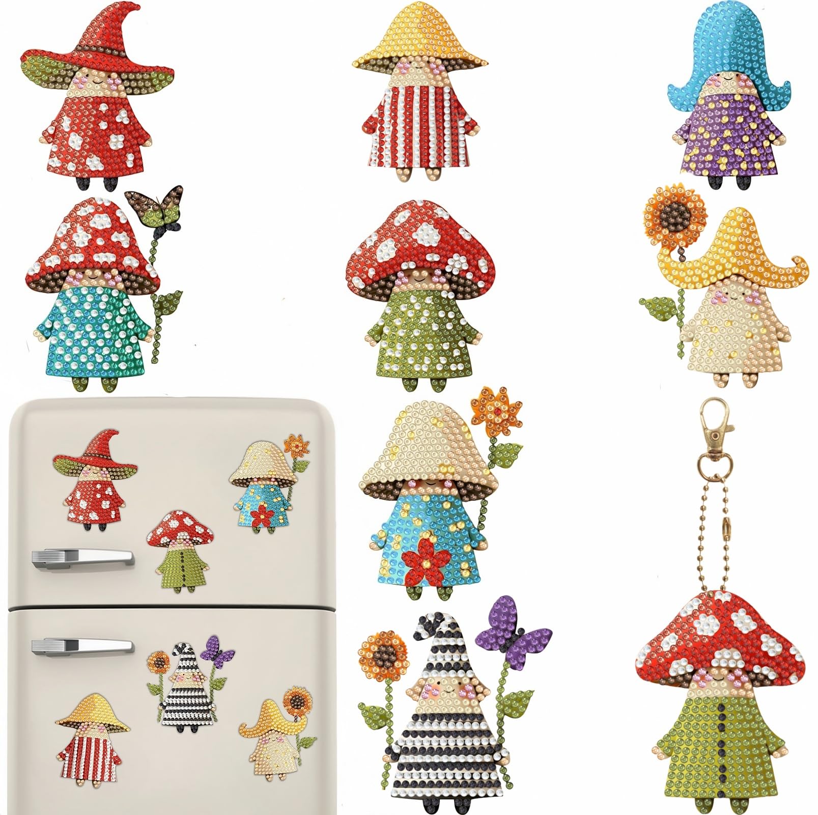Bulerrylulu 9 Pcs Diamond Painting Magnets Kits,Mushroom Fridge Magnet Stickers Diamond Art Painting Keychains Gem Painting kit 