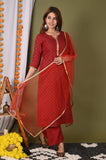 Anni Designer Women'S Cotton Blend Straight Printed Kurta With Palazzo And Dupatta (Pritu-Red_Xl Red_X-Large),Red,XL,Cotton Blend,Straight,