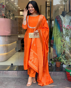 Anni Designer Women'S Silk Blend Straight Embroidered Kurta With Pant & Dupatta (Deluxe Orange-Vks01_M_Orange_Medium),Orange,M,,,
