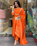 Anni Designer Women'S Silk Blend Straight Embroidered Kurta With Pant & Dupatta (Deluxe Orange-Vks01_M_Orange_Medium),Orange,M,,,