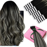 YoungSee Invisible Tape in Hair Extensions Ombre Black Tape in Hair Extensions Human Hair Black Ombre Silver Hair Tape on Hair E