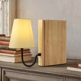 AELS Wooden Bookshelf Lamp with Bulb, Cordless Touch Dimmable Table Lamp with Linen Fabric Shade, Battery Operated, Modern Decor