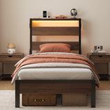 Bestier Twin Bed Frame with Storage Headboard and Charging Station, Walnut Platform Bed Frame with LED Light, Non-Slip Metal Bed