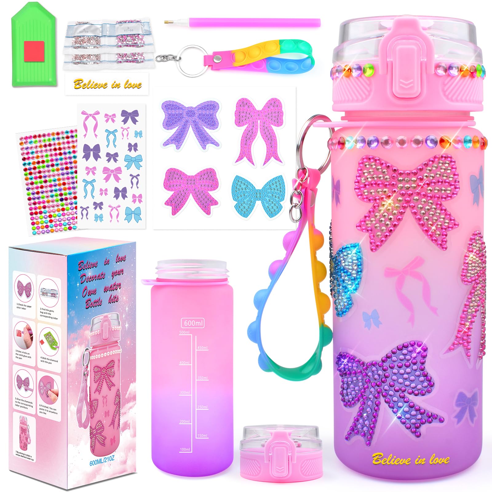 ASIOWELY Decorate Your Own Water Bottle Kits for Girls Age 4-12, Colorful Bow Pattern Diamond Painting Art and Crafts for Boys A