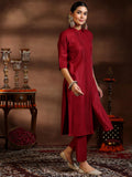 Libas Womens Woven Design Cotton Blend Straight Kurta With Trousers And Dupatta Maroon S 39048