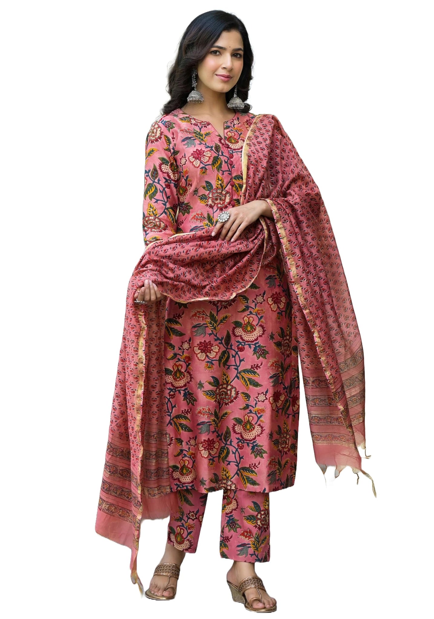 Anni Designer Women'S Cotton Blend Straight Printed Kurta With Pant & Dupatta (Kinara Peach_S_Peach_Small),Peach,S