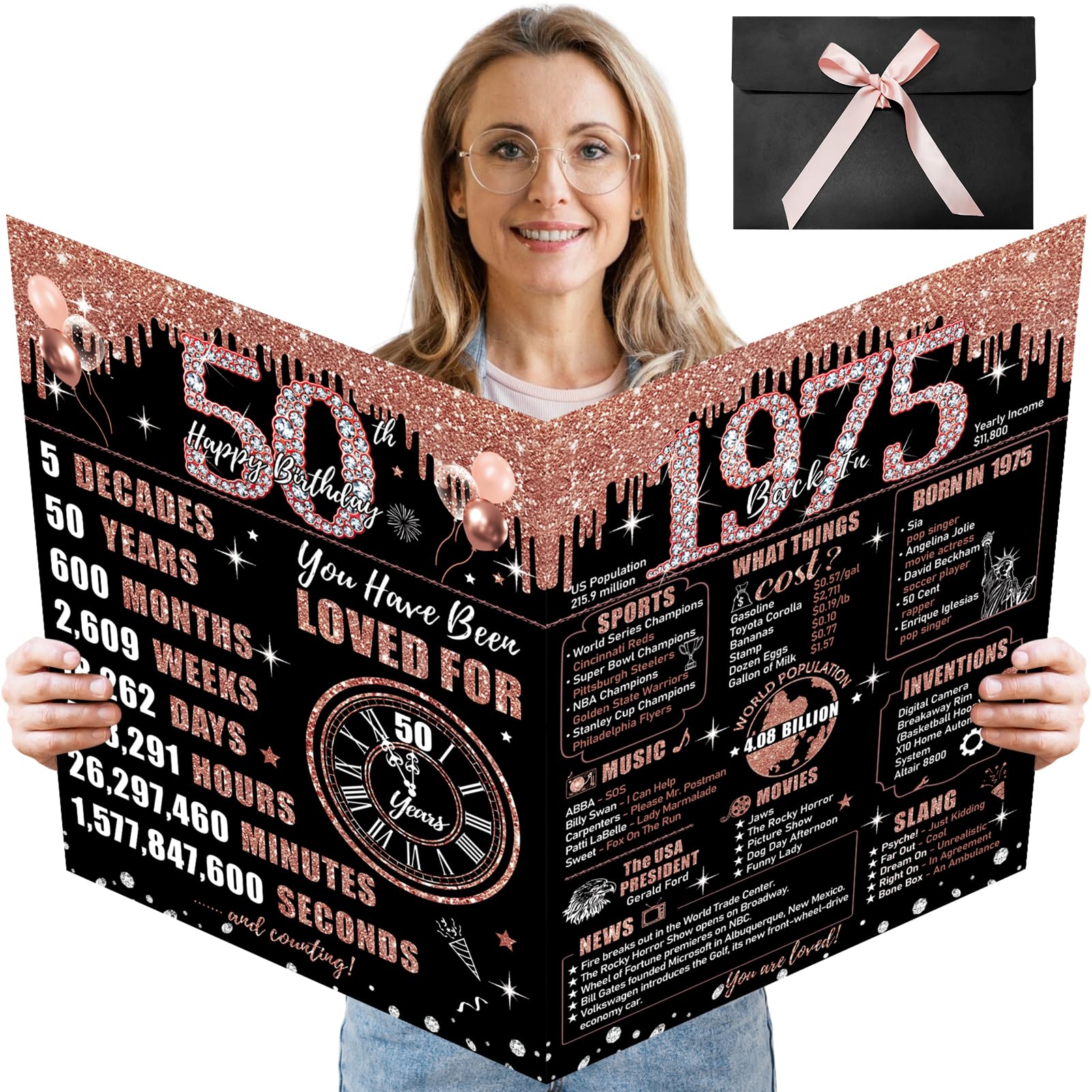 Uiorgui Large 50th Birthday Card for Women with Envelope, Black Rose Gold Happy 50th Birthday Guest Book Gifts Jumbo Fifty Greet