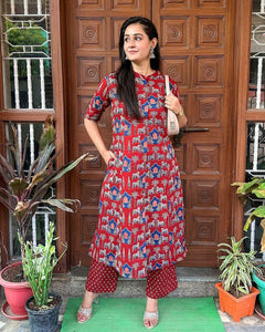Gosriki Women'S Rayon Blend Straight Printed Kurta With Palazzo (Gpw Red-Gs_S_Red_Small),Red,,B0DFCJ4GDZ