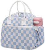 Carry bloom Lunch Box for Women, Insulated Lunch Bag Cute Corduroy Lunchbag Reusable Lunchbox for Work (checkered blue white)