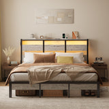 Bestier Full Bed Frame with Headboard Storage and Charging Station, Platform Bed Frame with LED Lights, Non-Slip Metal Bed Frame