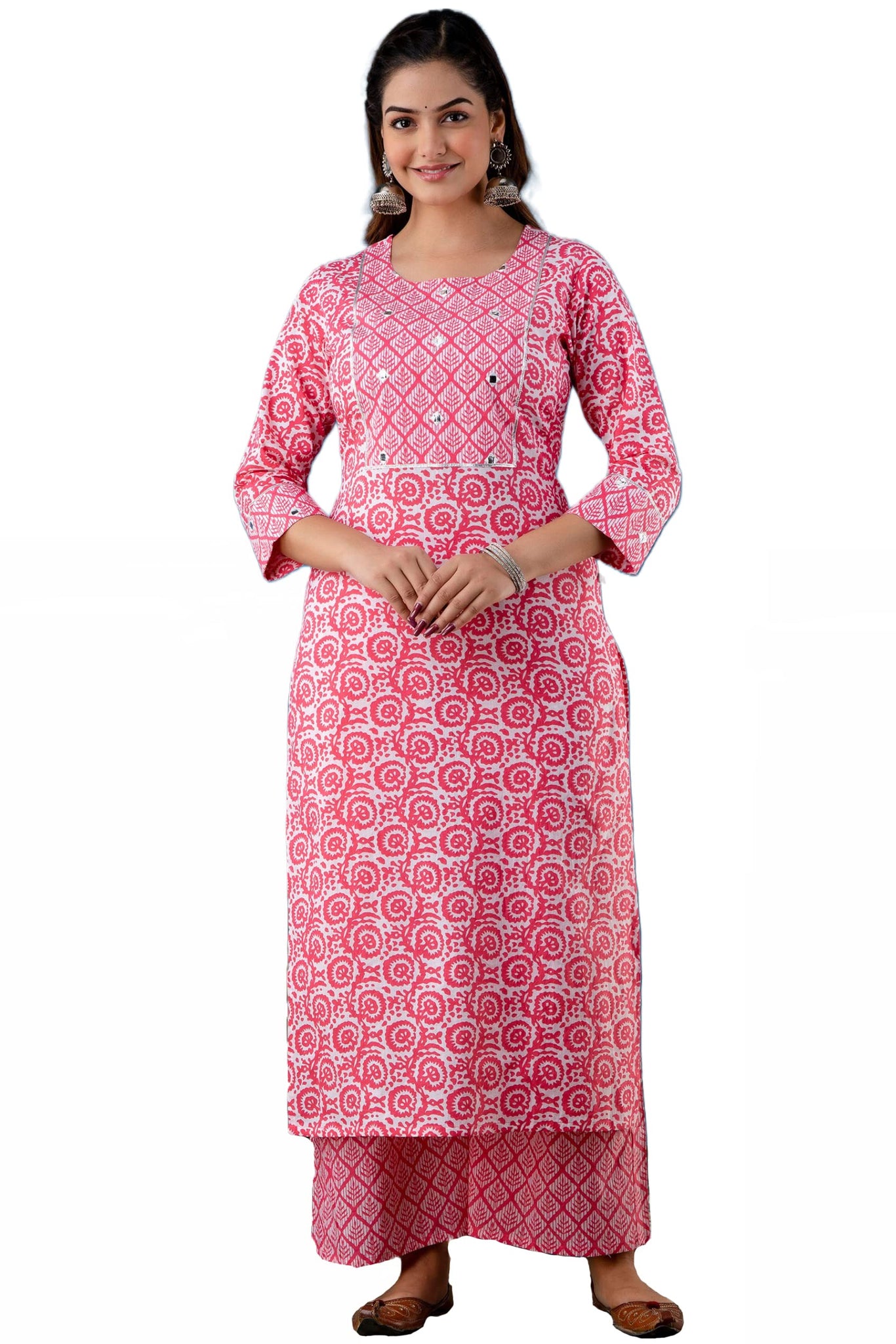 Anni Designer Women'S Cotton Blend Traditional Straight Printed Kurta And Palazzo Set (Valab Pink Nw_S_Pink_Small),Pink,S
