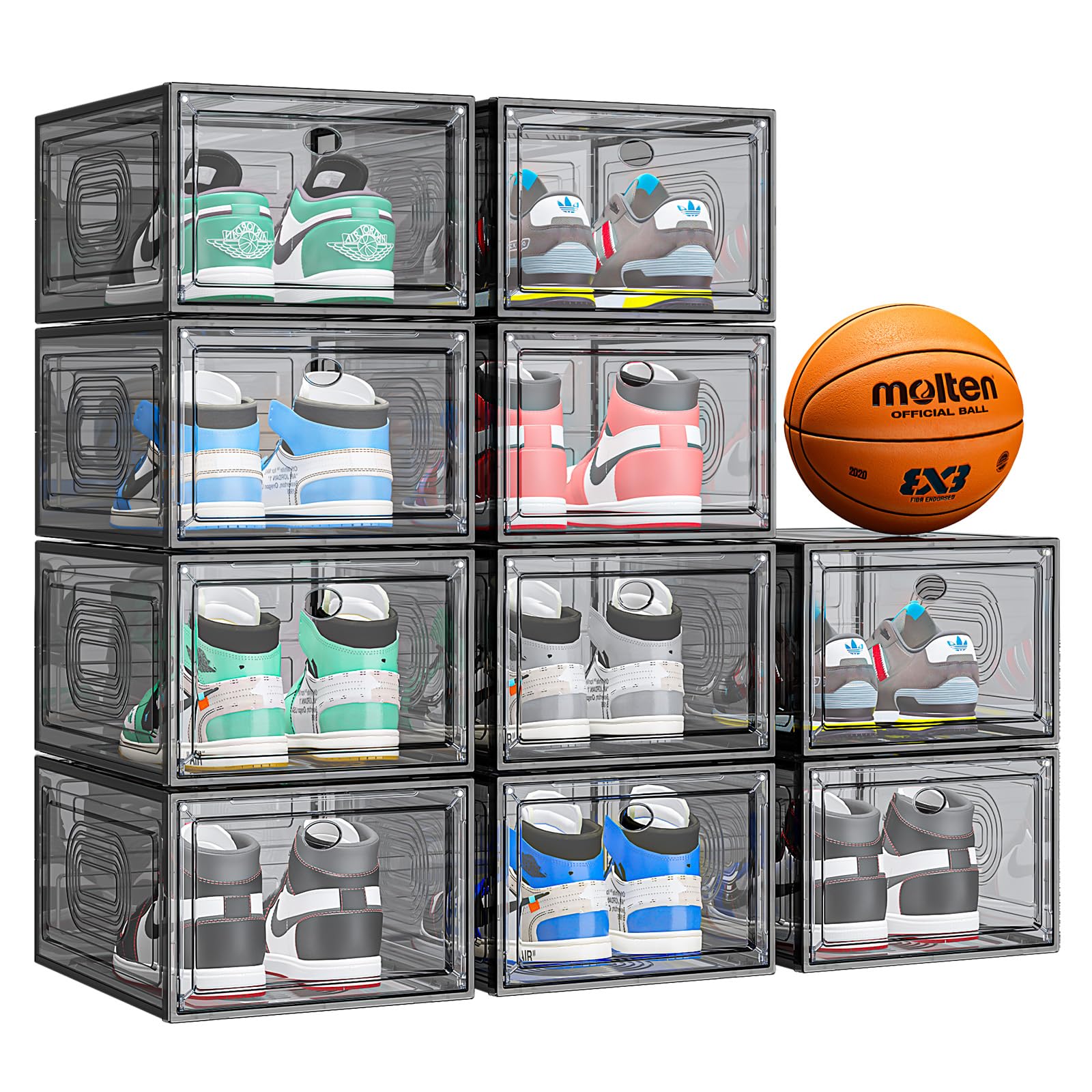 cakraie 10 Pack Thicken Shoe Organizer Stackable,Upgraded Sturdy Shoe Storage Box with Magnetic Door,Shoe Containers For Sneaker