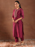 Libas Womens Woven Design Silk Blend Straight Kurta With Trousers And Dupatta Maroon 3Xl