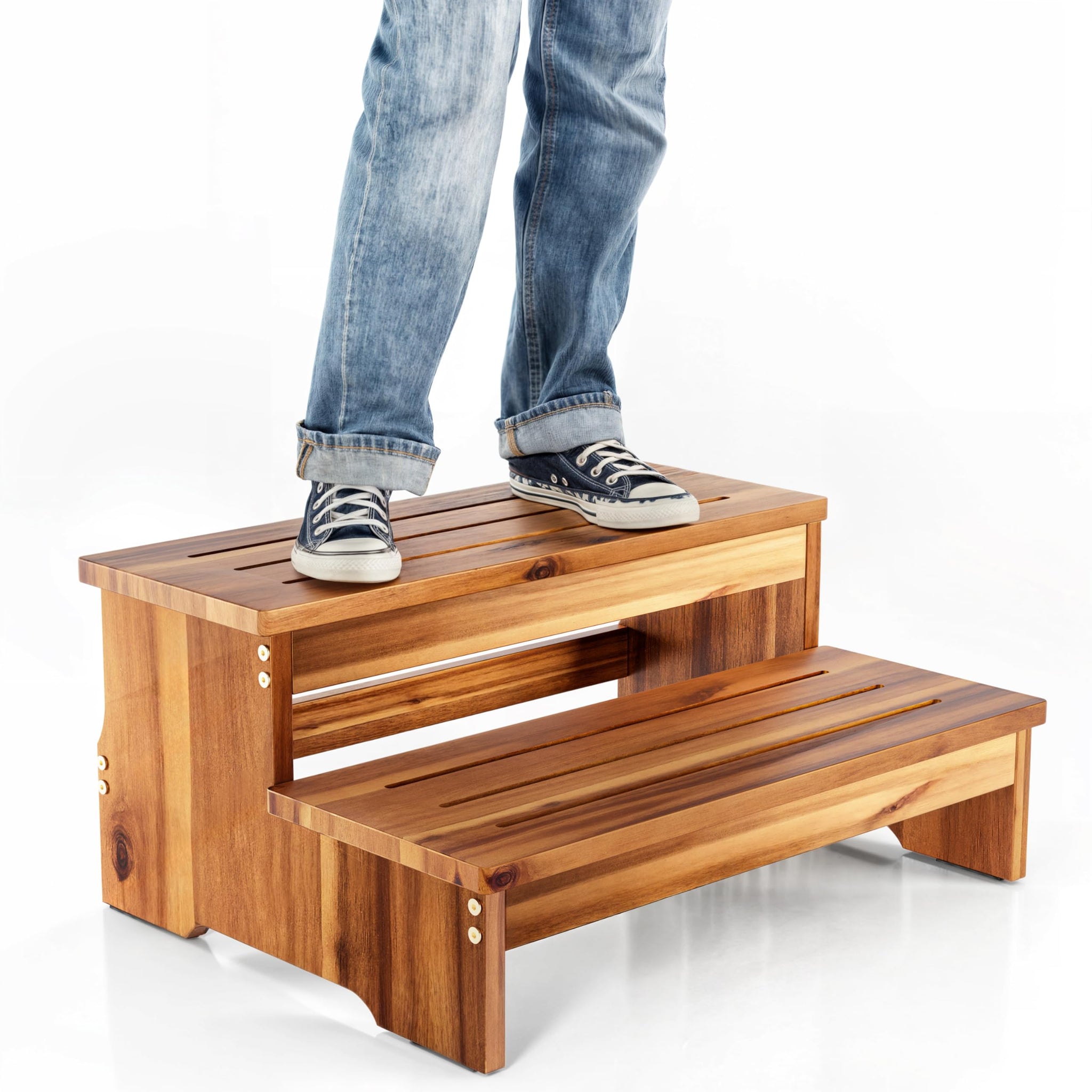 TINAMO 25 Long Step Stool for Adult & Kid - Wooden Two Step Stool 500 Lbs - Riser 2-Step Spa & Hot Tub Stairs for Pool - Heavy