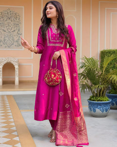 Anni Designer Women'S Silk Blend Straight Embroidered Kurta With Pant & Dupatta (Manushi Pink-Vks05_Xxl_Pink_Xx-Large),Pink,2XL,,,