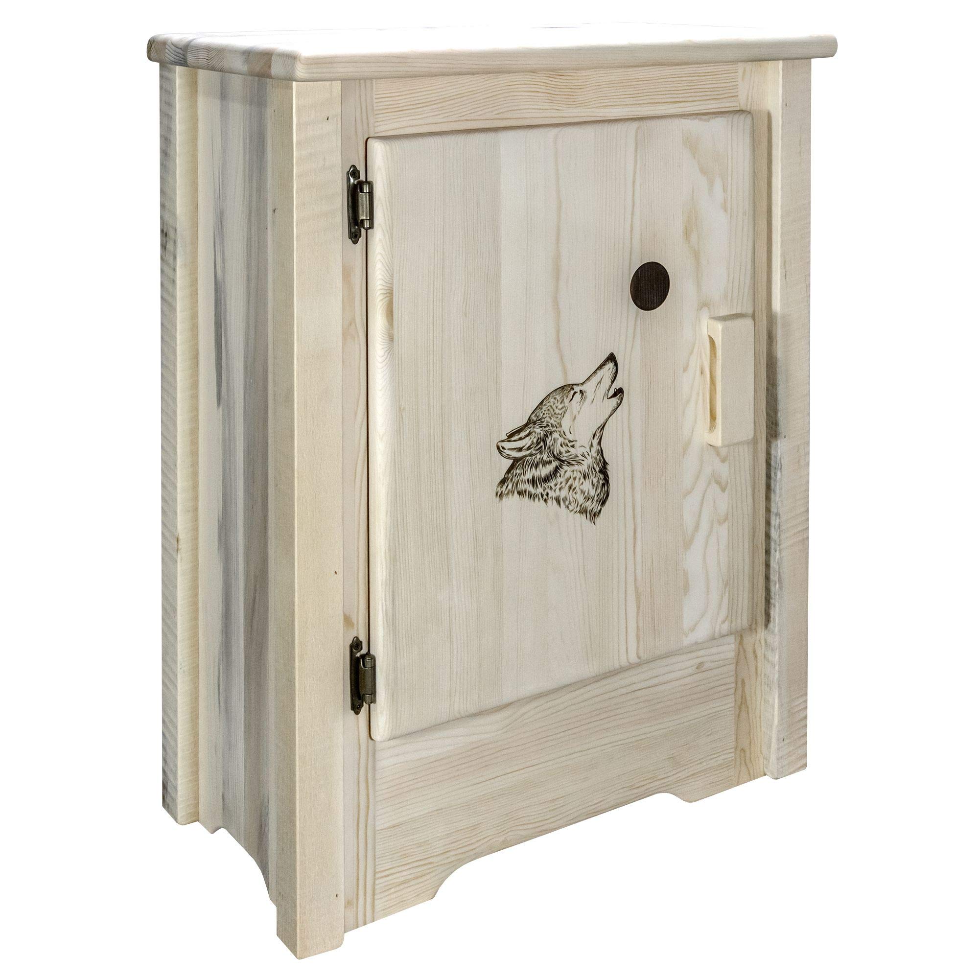 Montana Woodworks Homestead Collection Accent Cabinet With Laser Engraved Wolf Design, Left Hinged, Ready To Finish
