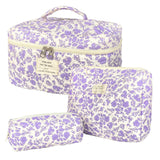 WYJ Purple Large Quilted Floral Makeup Bag Set of 3 Cute Coquette Aesthetic Cosmetic Bag Set Travel Toiletry Bag for Women