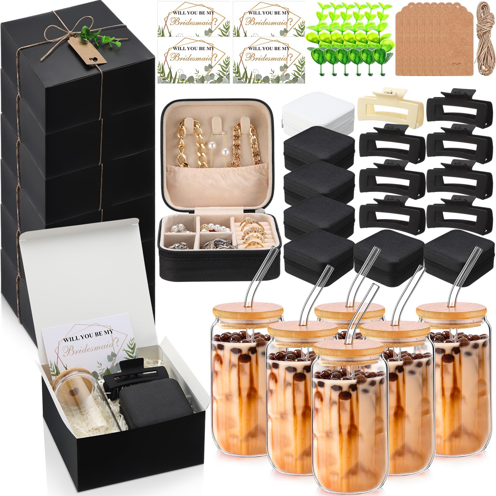 Quelay 56 Pcs 8 Set Bridesmaid Proposal Gift Set, 15 oz Glass Cup, Box, Square Clips, Will You Be My Bridesmaid Invitation Card 