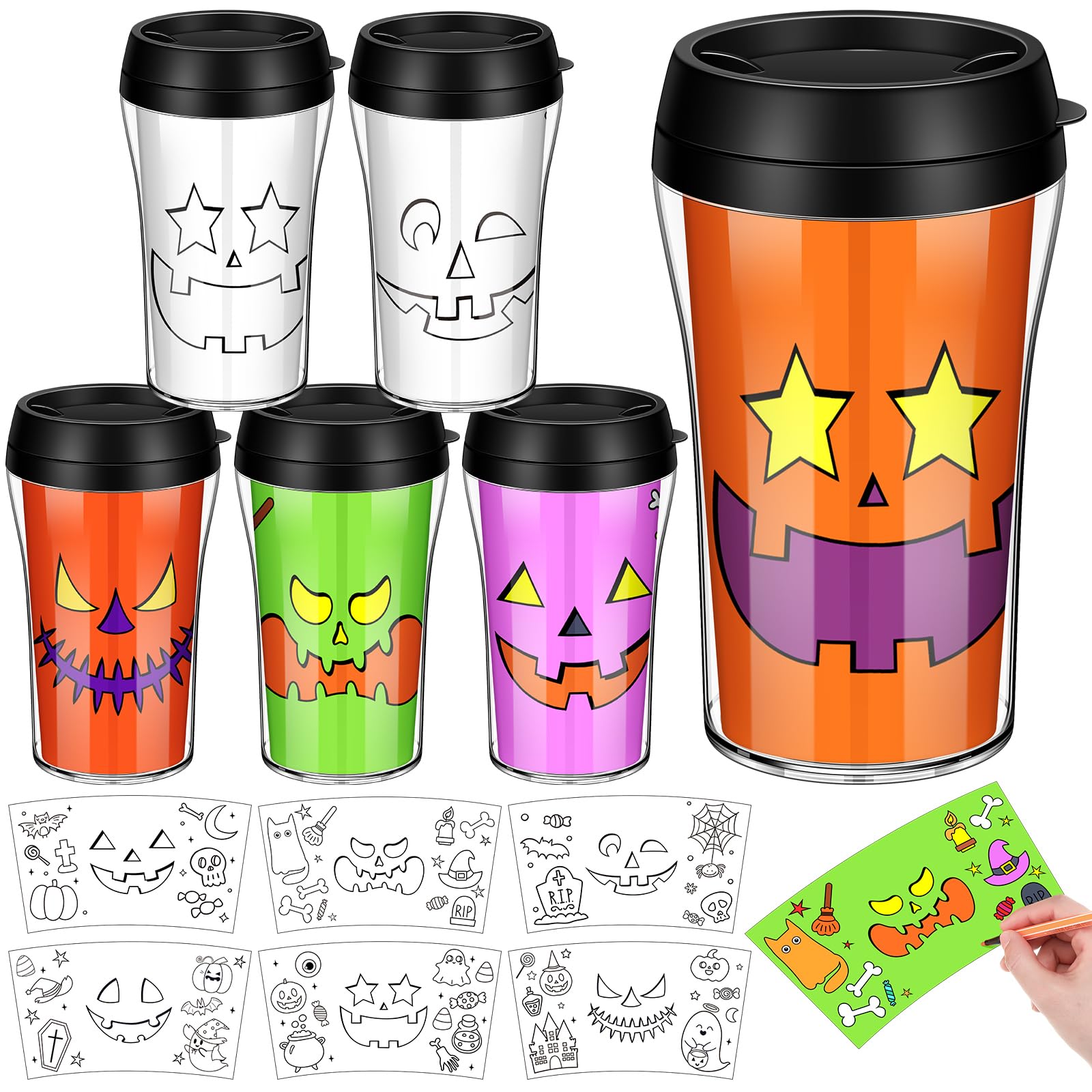 Yiyiring 12 Set Color Your Own Jack O Lantern Panting Cups - 10 oz Plastic Mug Crafts for Halloween Party Gifts & Home Project A