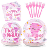Grencian 96Pcs Two Nado Party Supplies Pink Tornado 2nd Birthday Plates and Napkins Tableware Sets Two Nado Party Decorations Fa