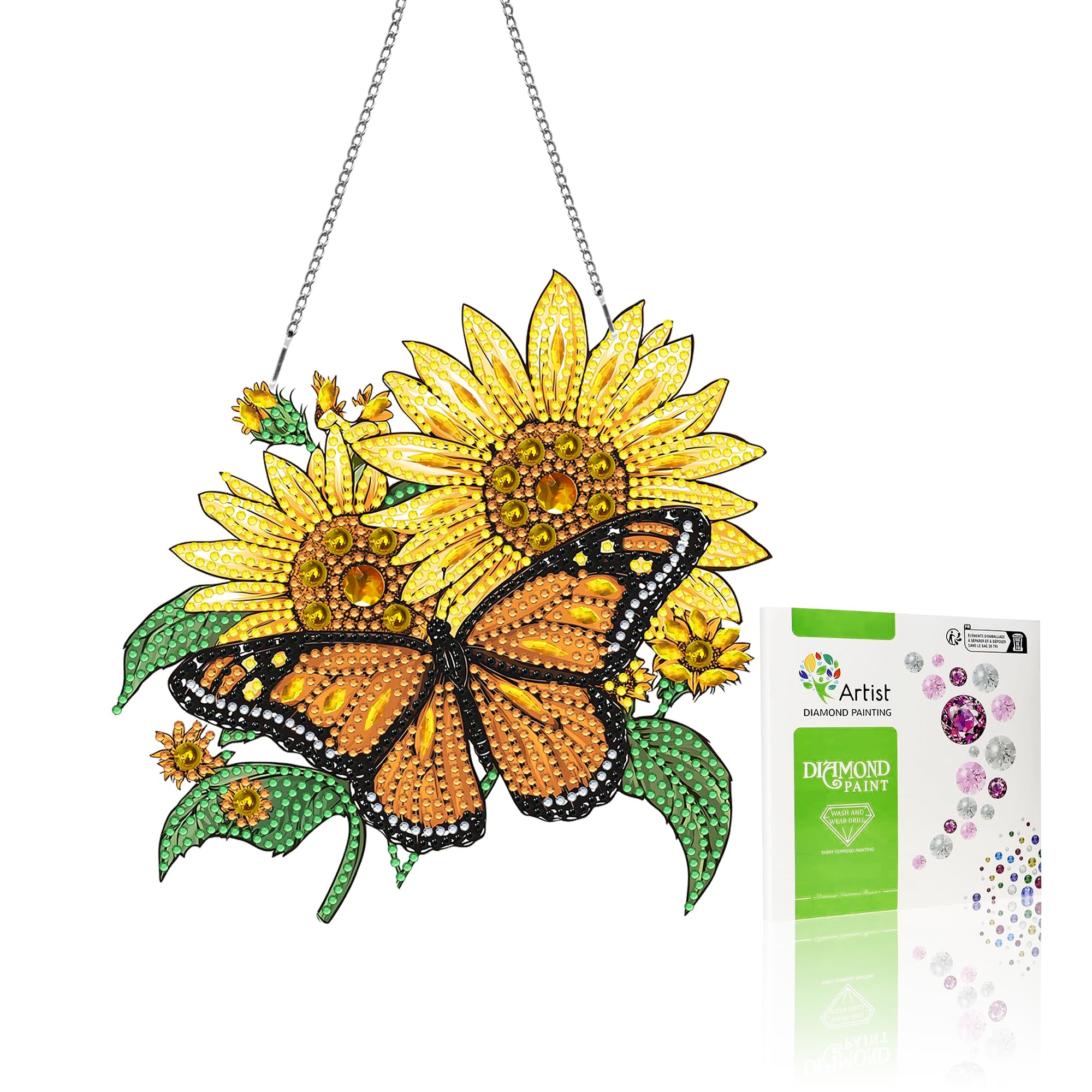 VAIIEYO Butterfly Diamond Painting Hanging,Sunflower Double Side Window Hanging Kit with Chain, 7.5x7.5 inch Crystal Pendant Art