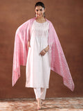 Libas Womens Yoke Design Cotton Blend Straight Kurta With Trousers And Dupatta Off White M