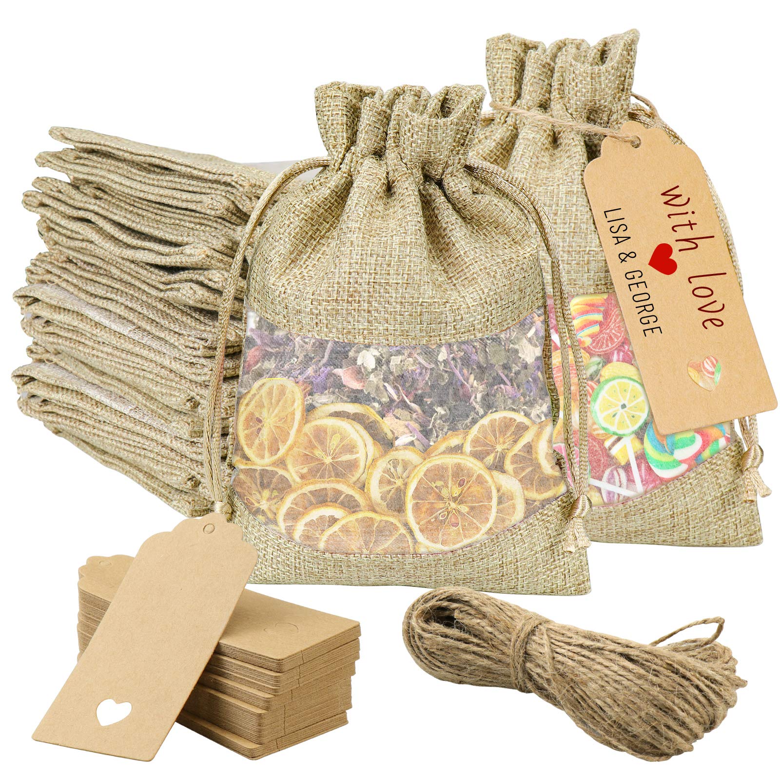 GIOIPC 50Pcs 4 x 6 Inch Linen Burlap Sheer Bags with Drawstring and Bonus Gift Tags for Wedding Birthday Bag,Craft Bags,Cosmetic