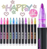 FEXONXA 12 Pack Metallic Outline Marker Pens, SelfOutline Double Line Glitter Pens with Silver Center, Vibrant Magic Ink for Dr