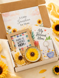 Gift Box for Mom | Sunflower Themed 5 Piece Handmade Gift Set with Scented Candle, Wax Sachet, Wooden Frame, Keychain & Greeting