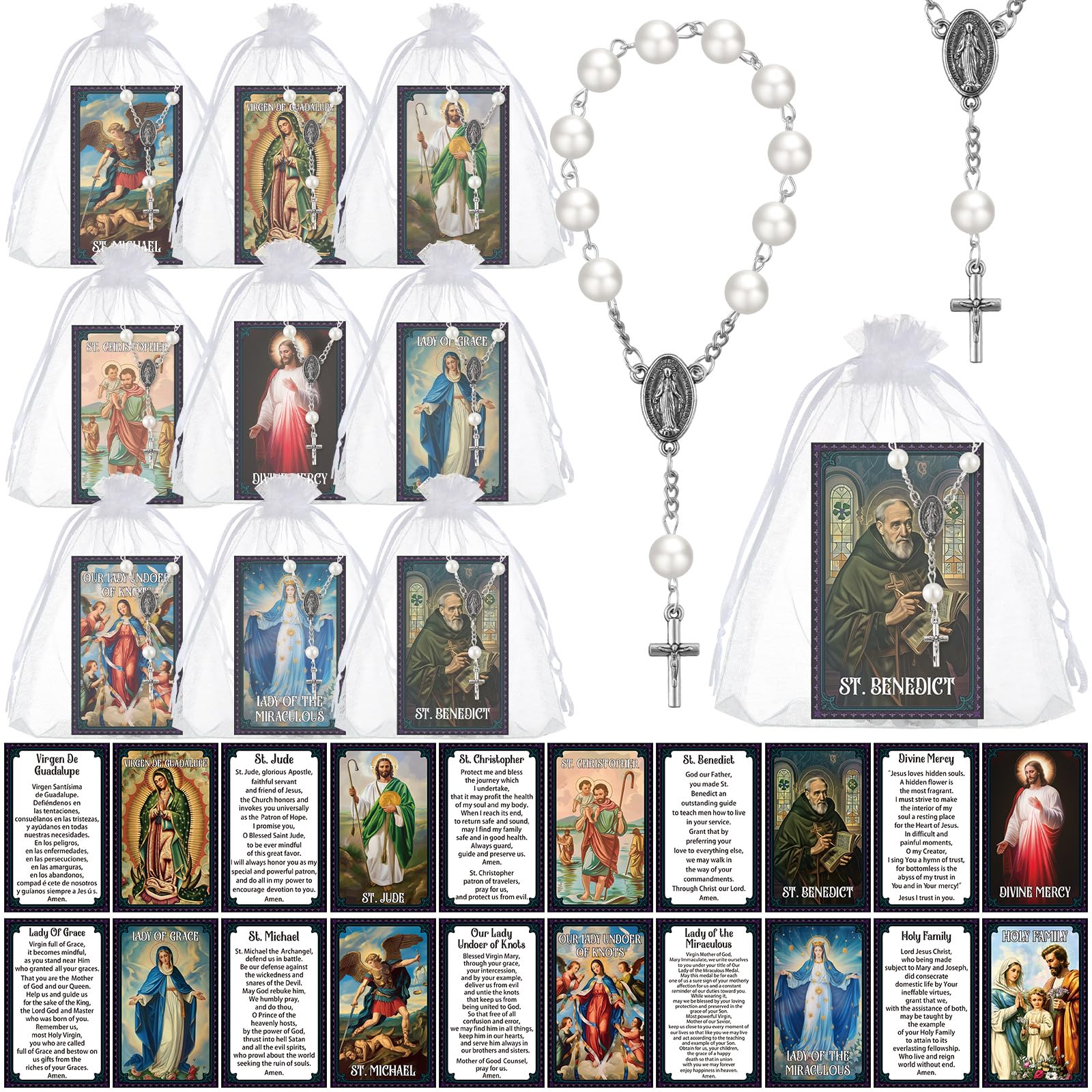 Sayglossy 30 Pack Catholic Religious Gifts Set Car Rosary for Rearview Mirror White Catholic Hanging Pendant and Prayer Card Sai