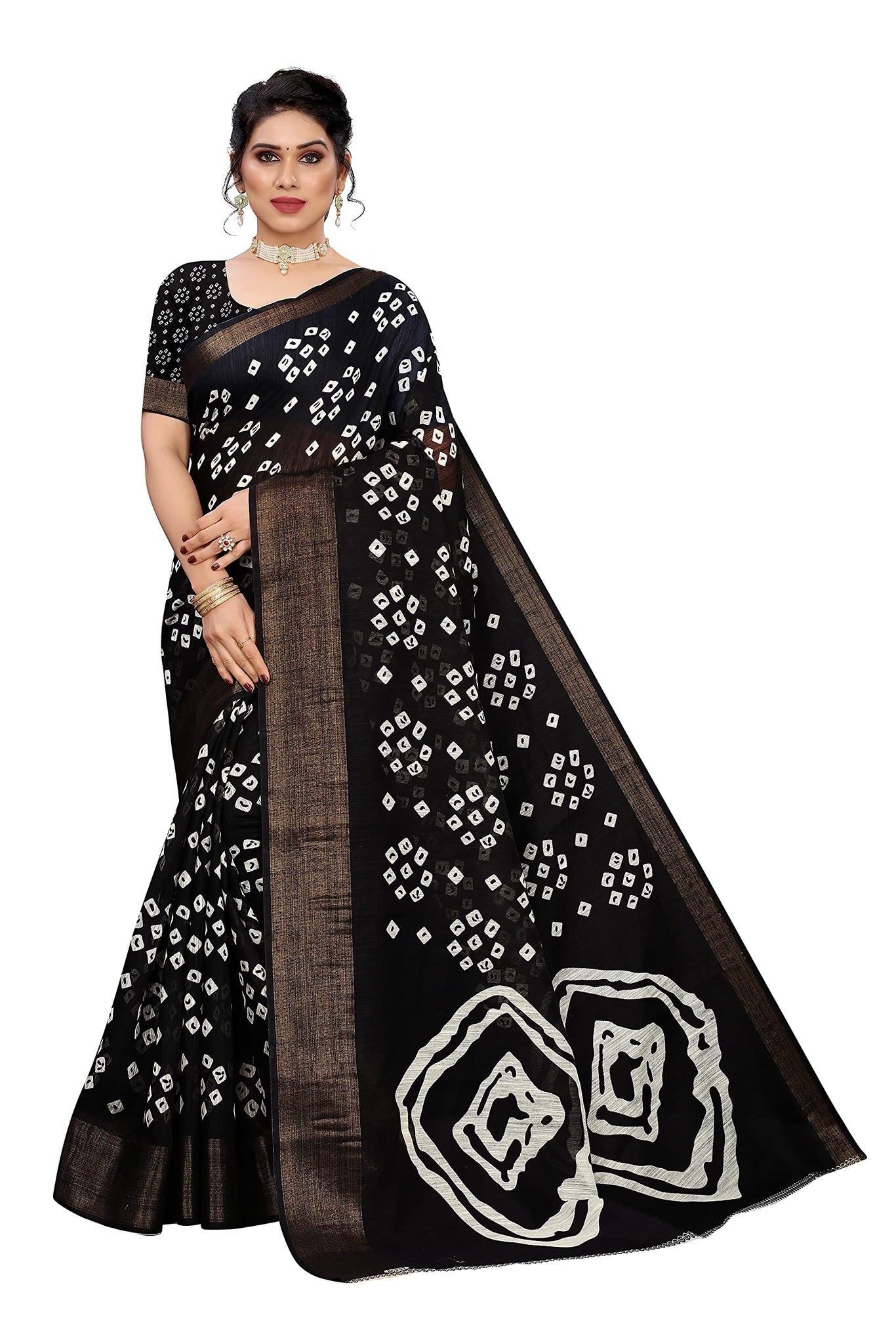 Anni Designer Women'S Linen Cotton Printed Saree With Blouse Piece (Farha Black_Black),Black,Free