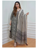 Anni Designer Women'S Cotton Blend Printed Straight Kurta With Pant & Dupatta Pack Of 2 (Combo-Nihira Cream-Bagru-Yellow_Xxl_Multi_Xx-Large),Multicolour,2XL,,,