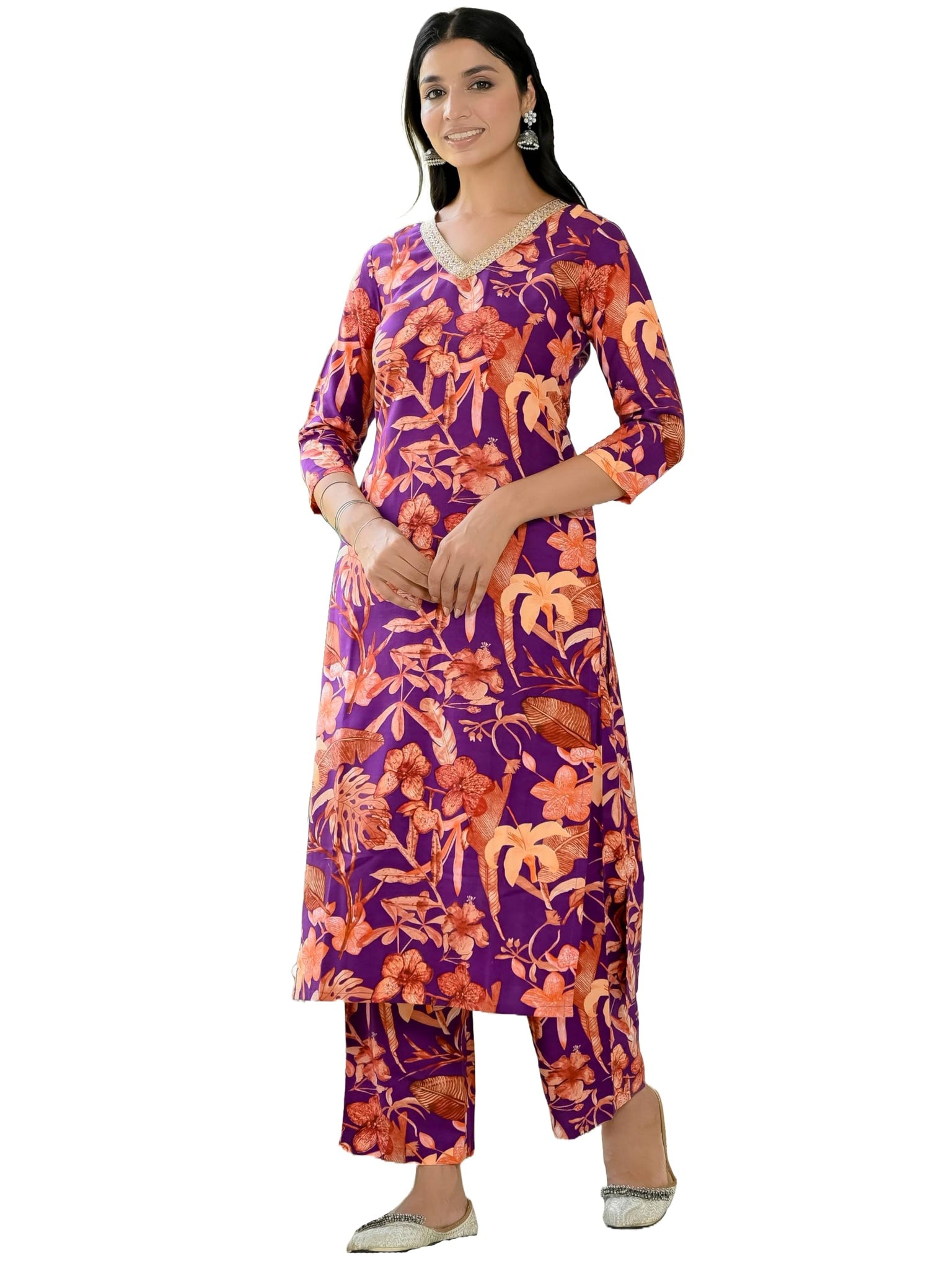 Anni Designer Women'S Cotton Blend Straight Printed Kurta With Palazzo (Chinki Begani_L_Begani_Large),Begani,L
