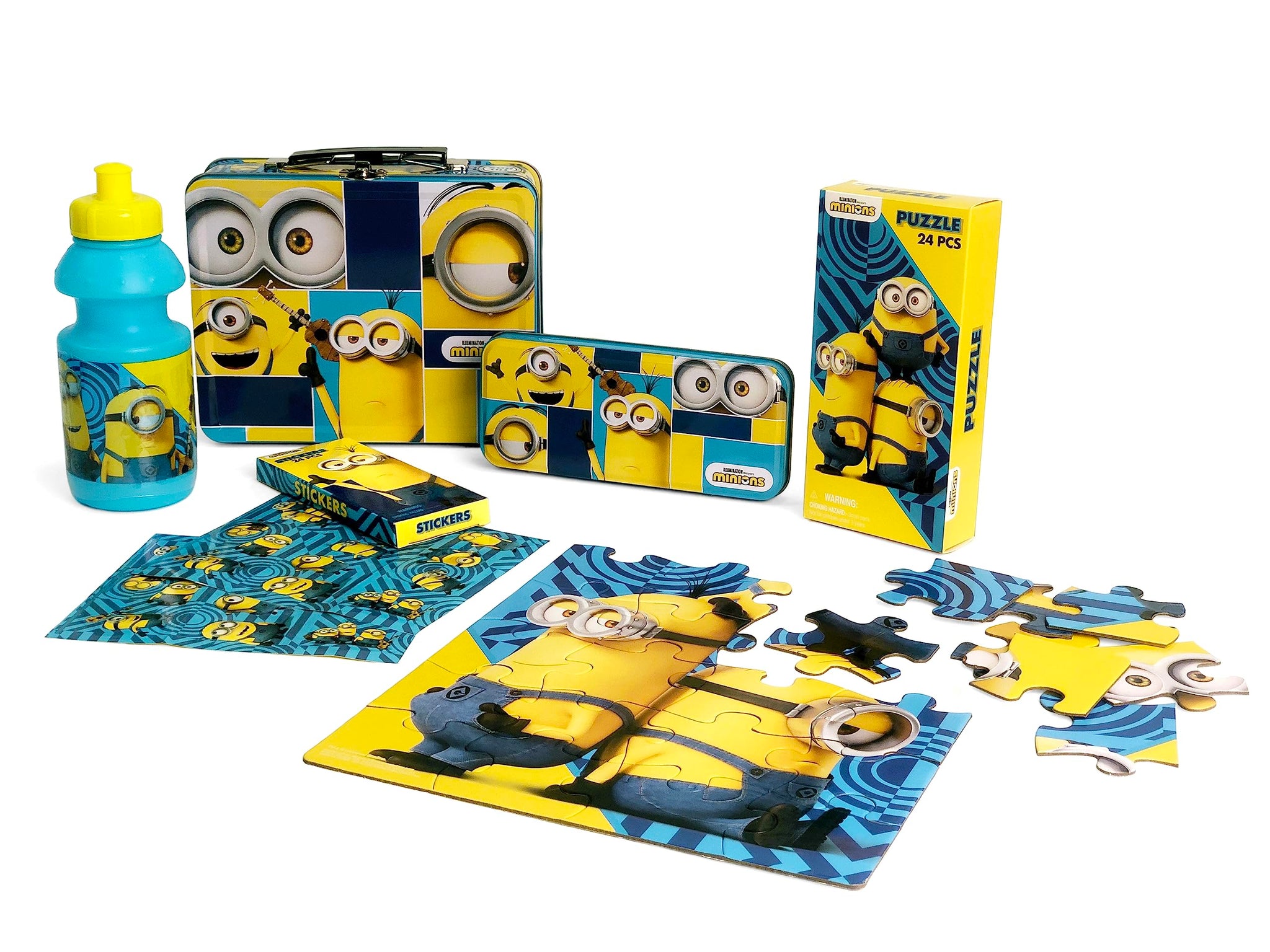 Minions Gift Set - Minions Lunch Tin Box, water bottle, puzzle, stickers, and Pencil Case.