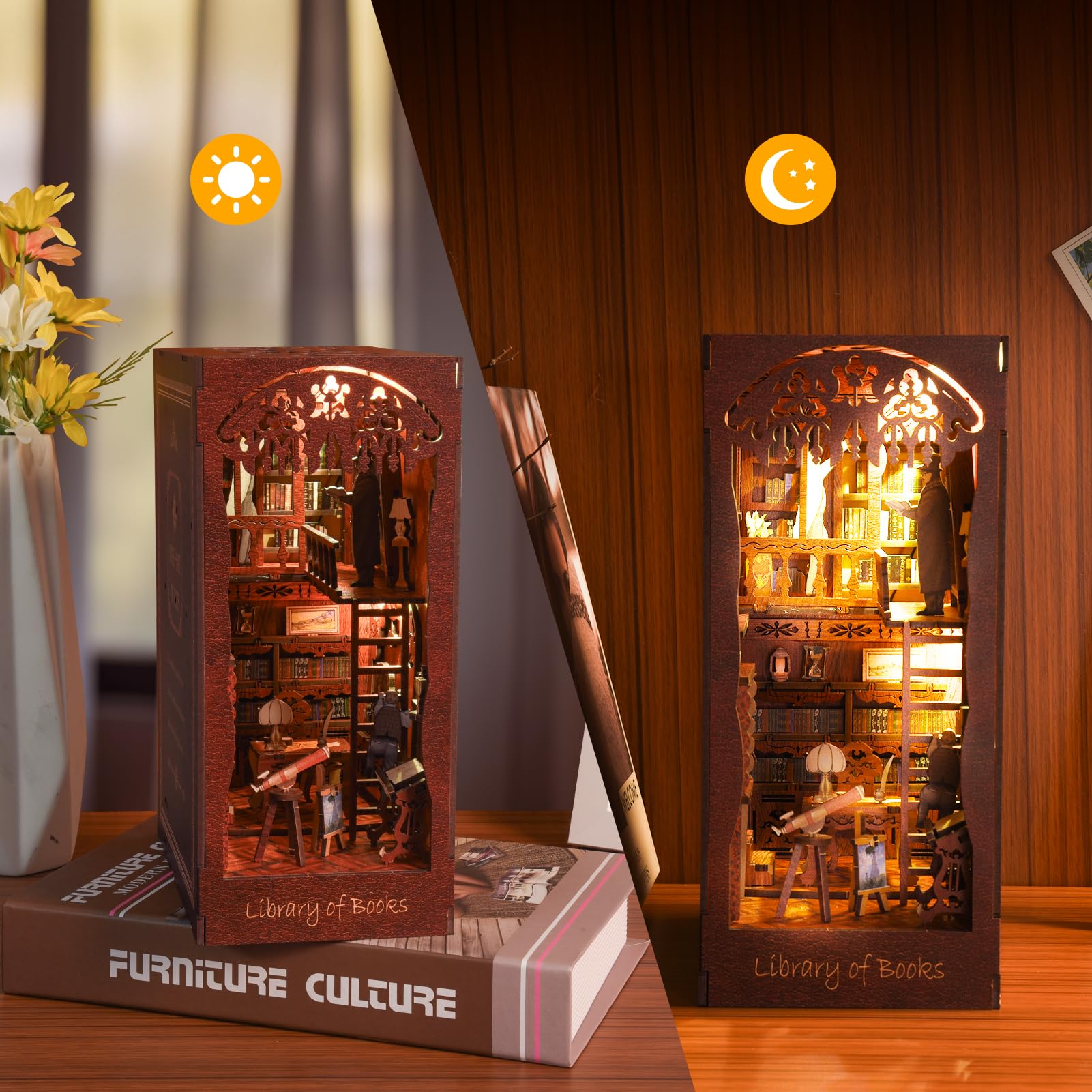 DIY Book Nook Kit with LED Light - 3D Wooden Puzzle Miniature House Dollhouse Kit for Bookshelf Insert Decoration, Perfect Booke