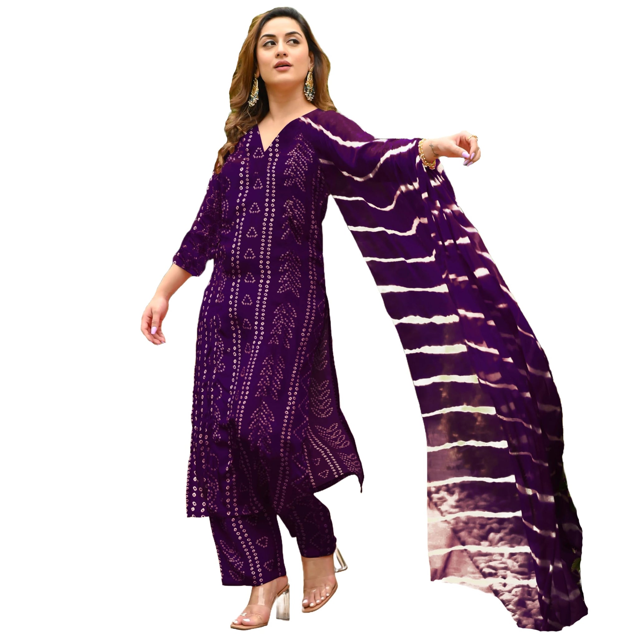 Anni Designer Women'S Rayon Blend Straight Bandhej Printed Kurta With Pant & Dupatta (Baghira Begani-Vks01_L_Begani_Large),Begani,L