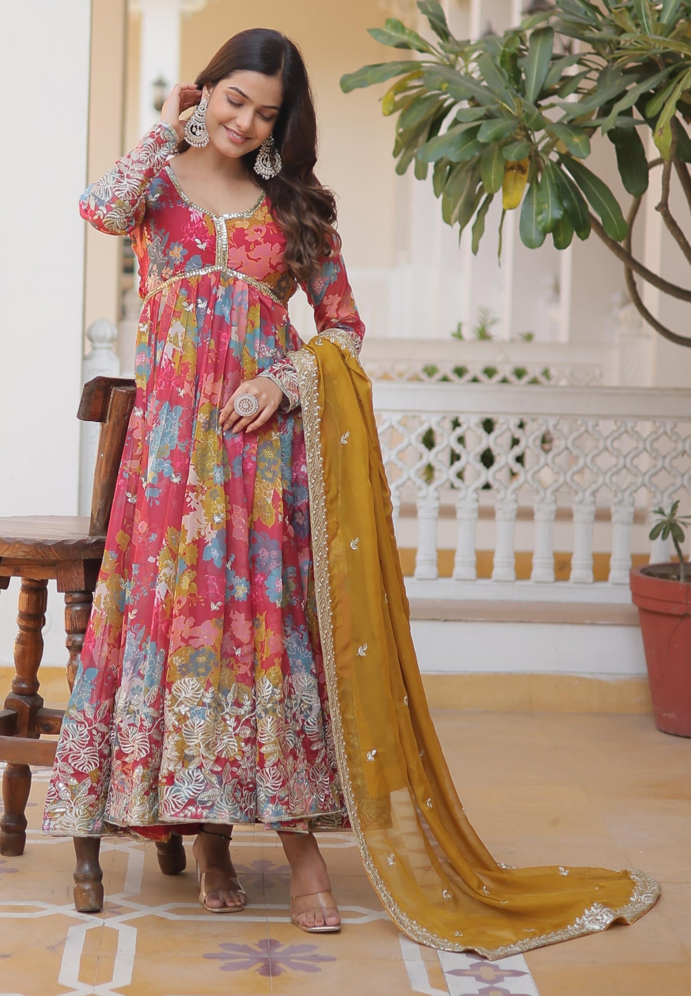 Fashion Basket Women'S Pink Georgette Anarkali Kurta Set (Xx-Large, Pink)