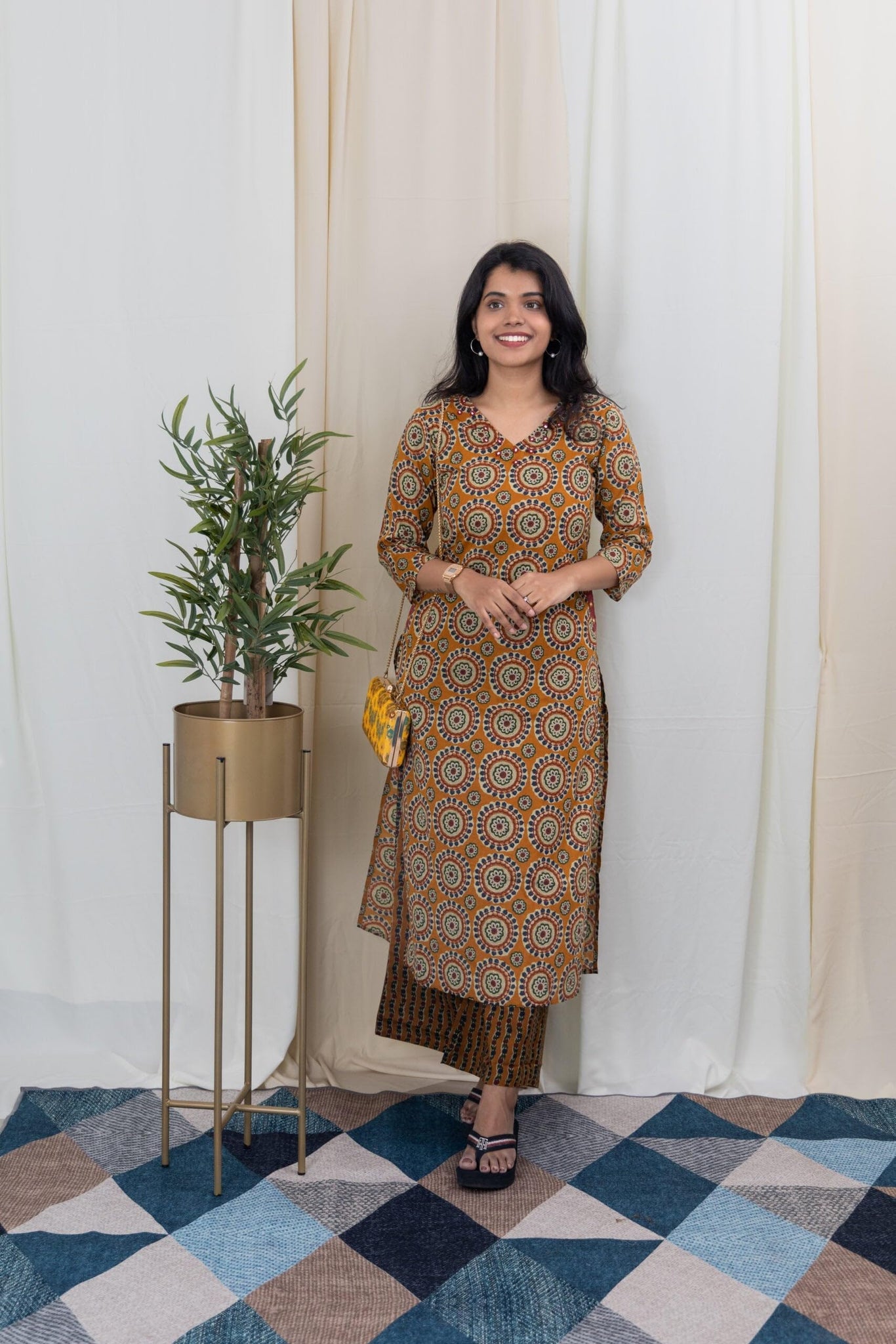 Anni Designer Women'S Rayon Blend Straight Printed Kurta With Palazzo (Jones Mustard_S_Mustard_Small),Mustard,S,Rayon Blend,Classic,