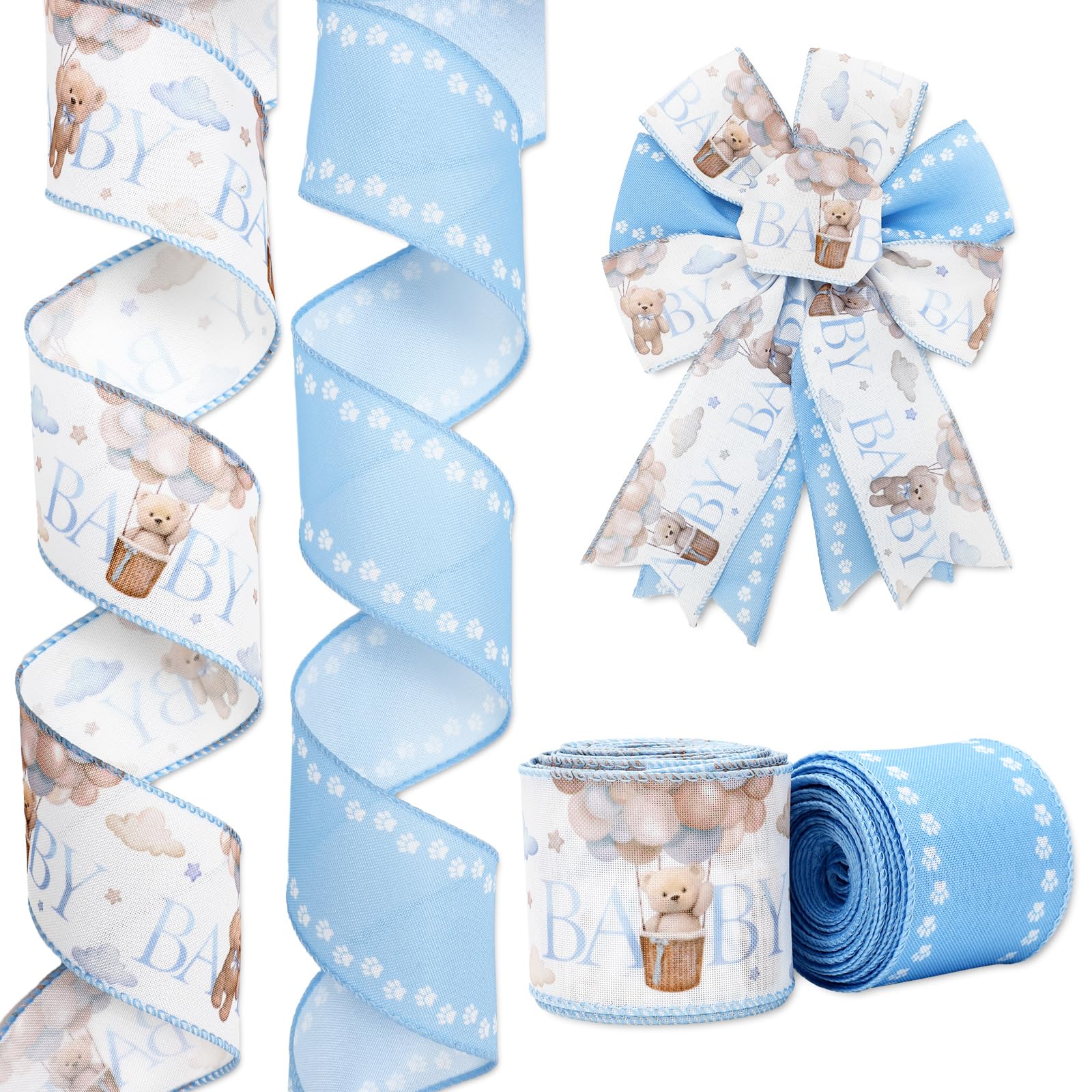 JarThenaAMCS Baby Shower Wired Edge Ribbon Bear Paw Craft Ribbon Blue and White Fabric Ribbon for Gift Wreath Bow DIY Wrapping P