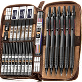 Nicpro 30PCS Black Metal Mechanical Pencil Set in Leather Case, Art Drafting Pencil 0.5, 0.7, 0.9 mm, 2mm Lead Pencil Holders fo