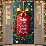 Large Green Christmas Door Cover Jesus Is the Reason for the Season Door Banner Ideal for Xmas Outdoor Porch Decor Backdrop with