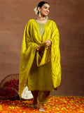 Libas Gerua Womens Embroidered Silk Blend Straight Kurta With Salwar And Dupatta Lime Green S