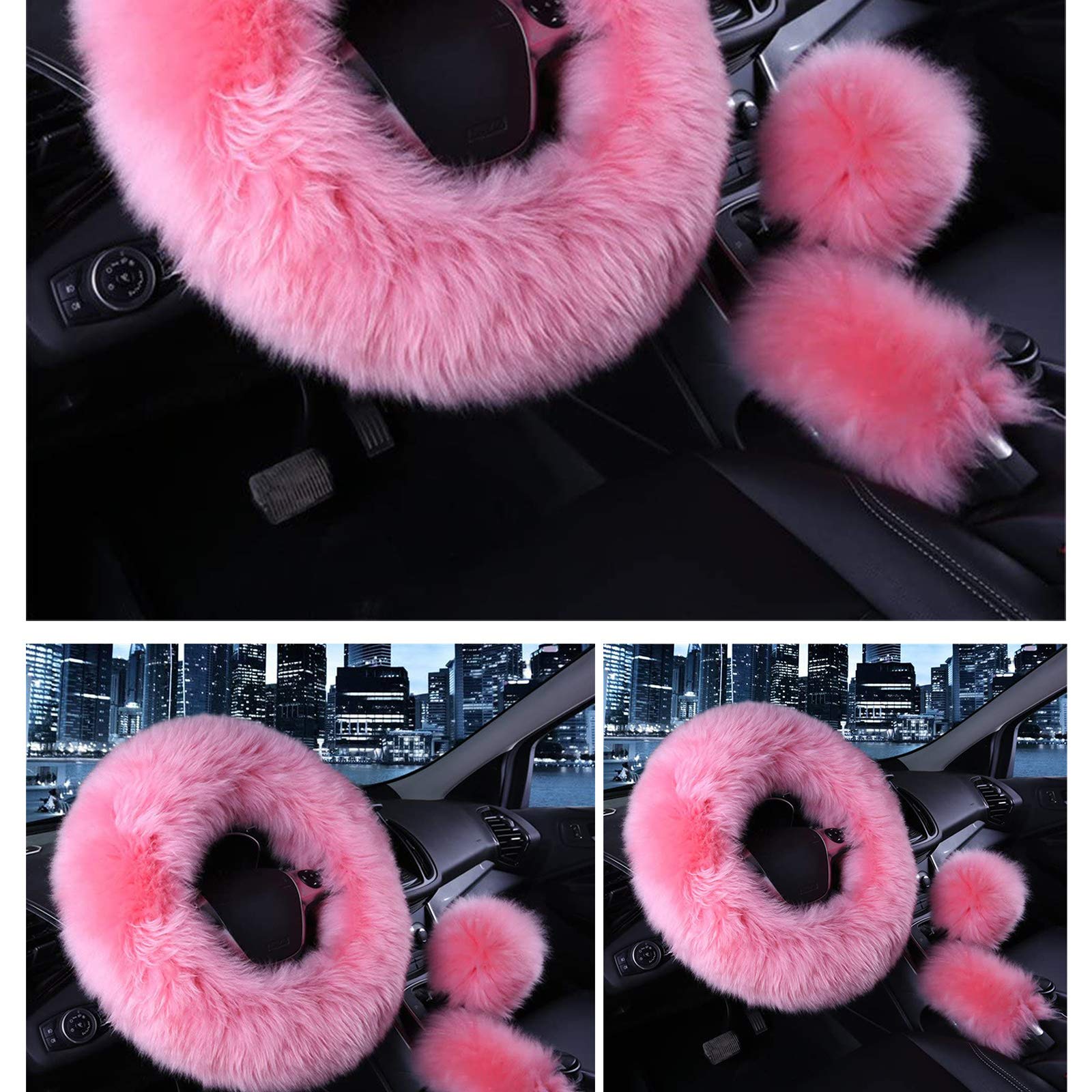 SPANICE 3 Pcs Car Steering Wheel Cover & Handbrake Cover & Gear Shift Cover Set Faux Wool Warm Winter (Pink)