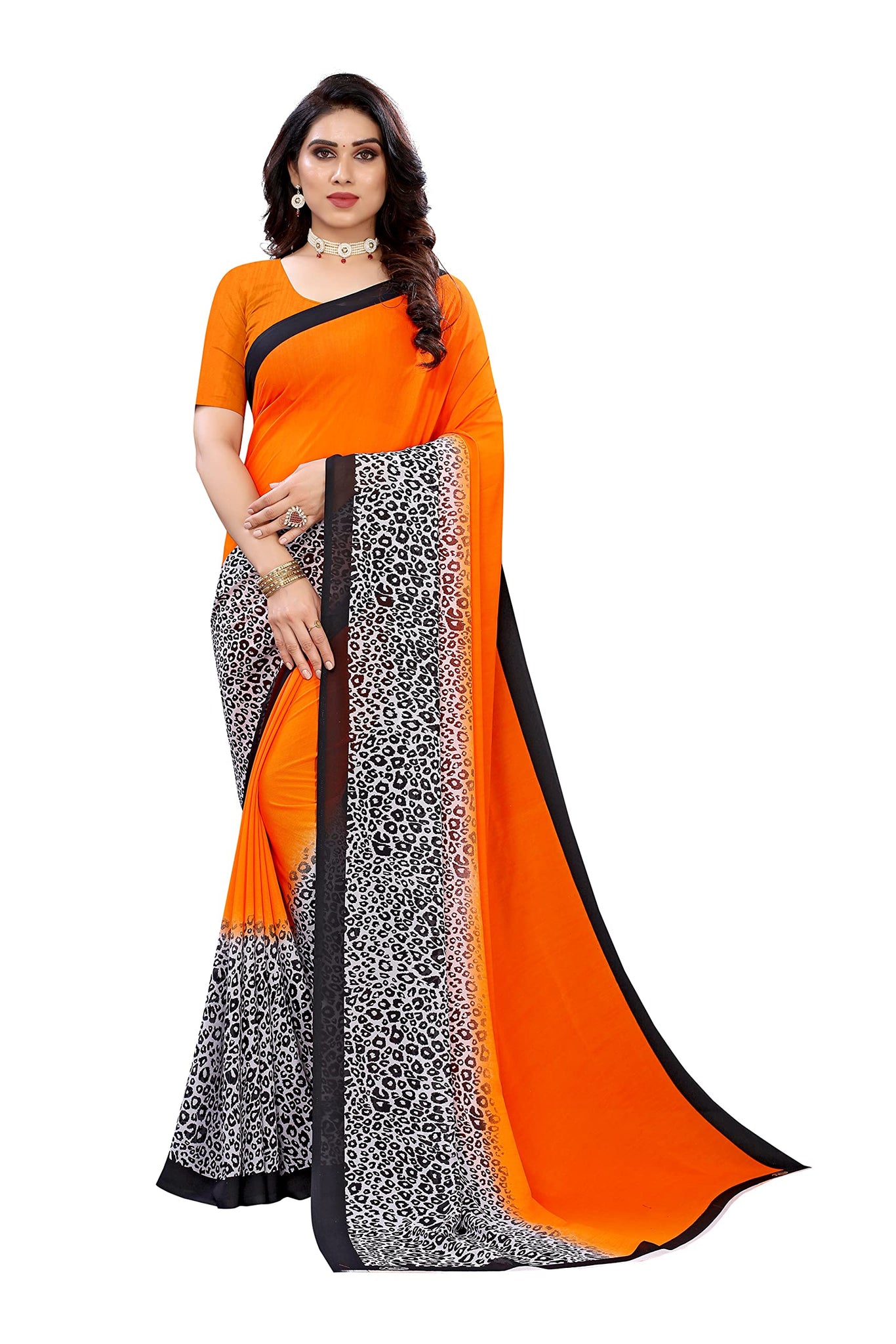 Gosriki Women'S Georgette Printed Saree With Blouse Piece (Tiger Orange_Newone-Orange),Orange,,B0977BJ7G8